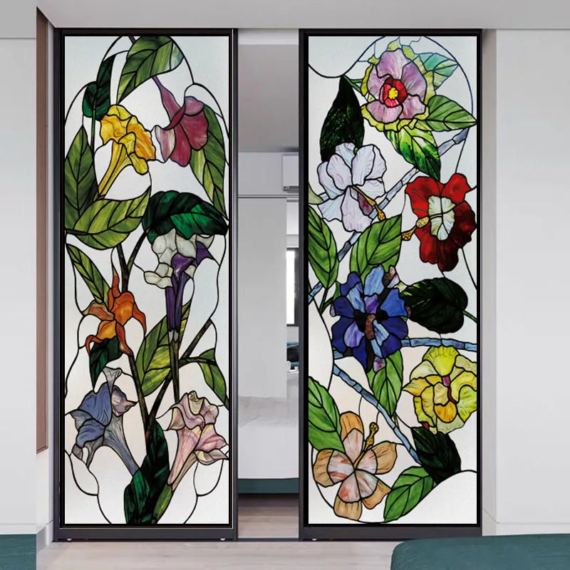 Custom Size Stained Glass Window Film Frosted Privacy Static Cling Retro Flower Matte Door Sticker Bathroom Office Home Decor