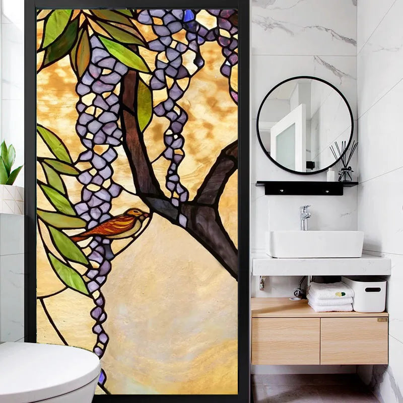 Custom Size Stained Glass Window Film Frosted Privacy Static Cling Retro Flower Matte Door Sticker Bathroom Office Home Decor