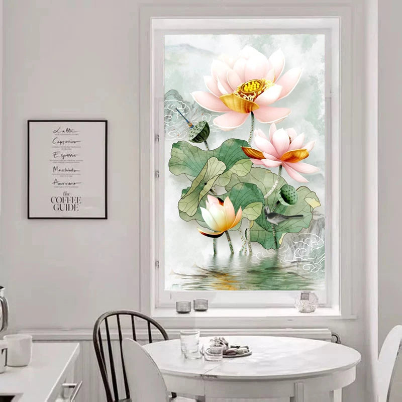 Customized Size Windows Stained Glass Films Door Stickers Wall sticker Art Opaque Satic Cling Lotus Poster Home Decor