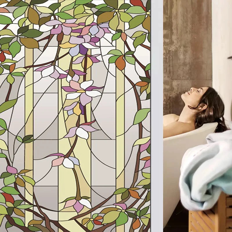 Custom size Window Films Stained Glass Window With Purple Floral Pattern Frosted Static Cling Heat-Control Privacy Home Decor