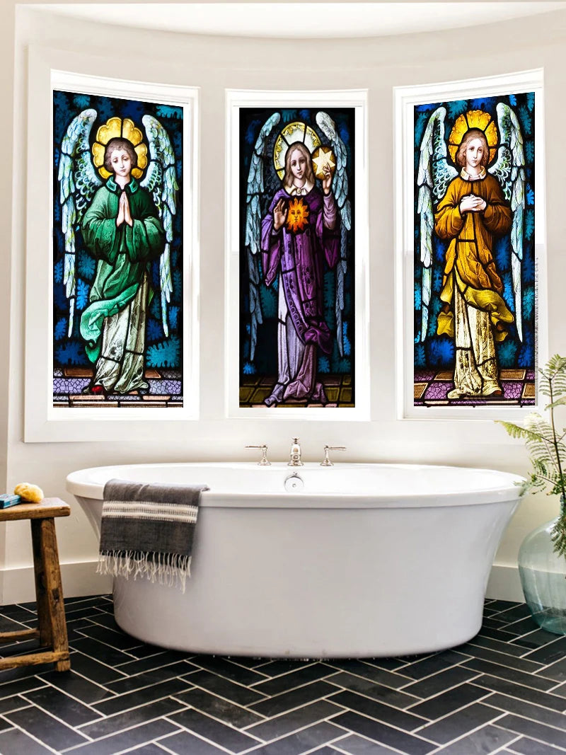 Window Film Frosted Stained Glass Films,Customized Church Angel Picture,Static Cling Remove Sticker for House Worship Home Decor