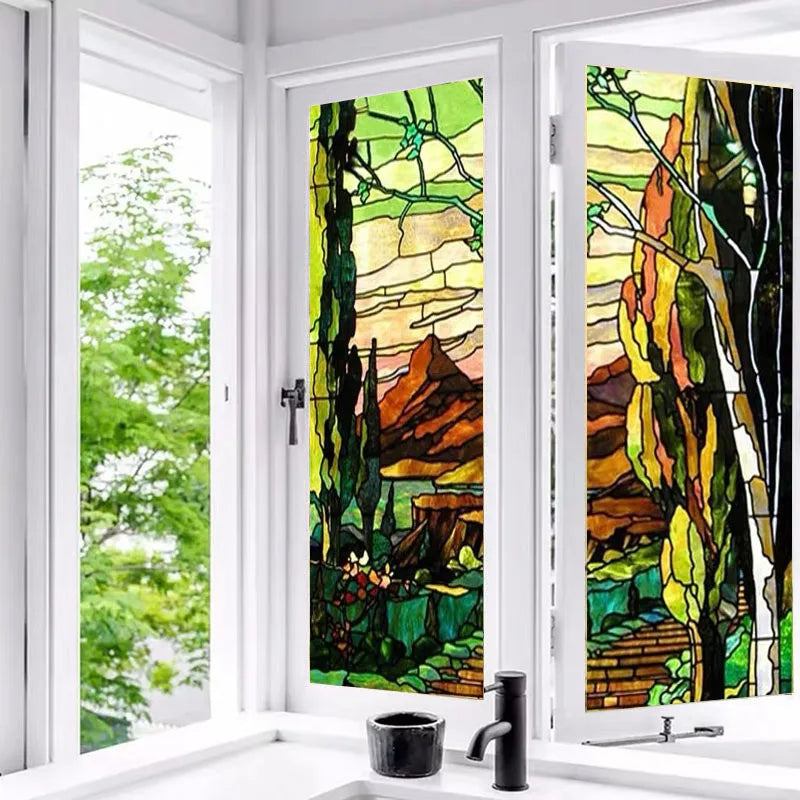 Custom Size PVC Self Adhesive Static Cling Glass Films Frosted Privacy Window Film Retro Forest Poster For Bathroom Kitchen Home