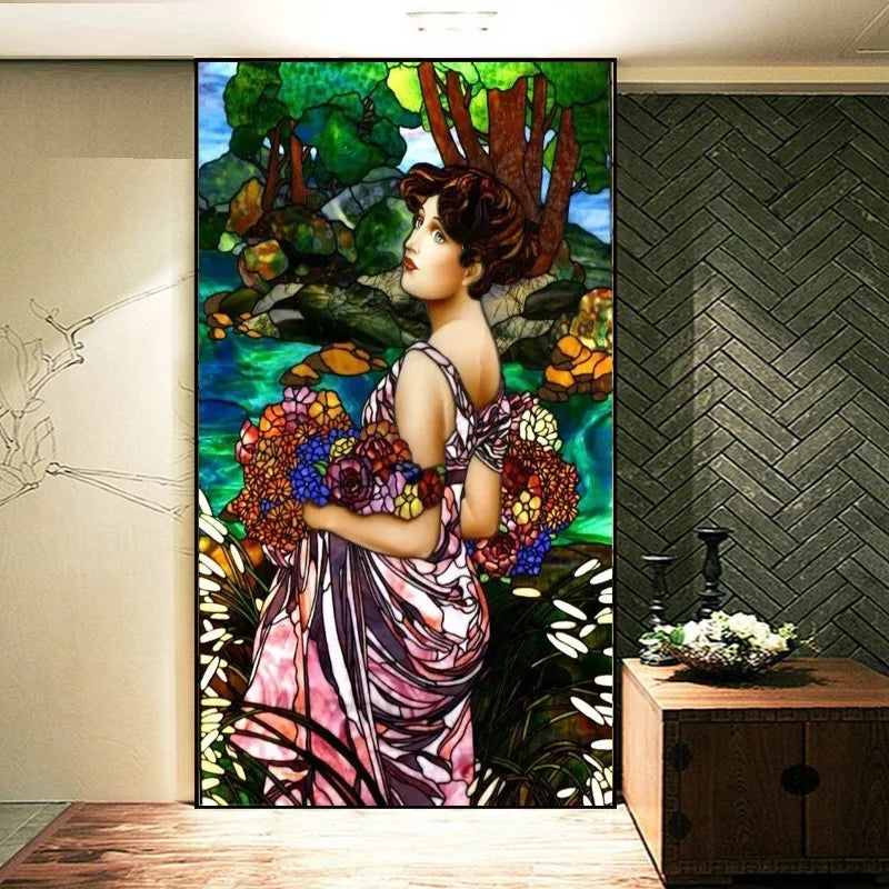 Custom Size Stained Glass Window Film Church Sticker Girl Painting For Kitchen Bathroom Bedroom Glass Sliding Door Home Decor