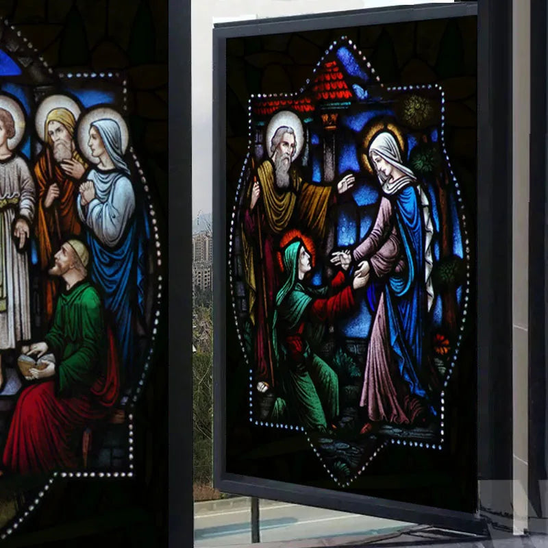 Custom Size Window Glass Films Blackout Opaque Static Cling Reusable Stickers, Mary Jesus'birth Church Door Glass Home Decor