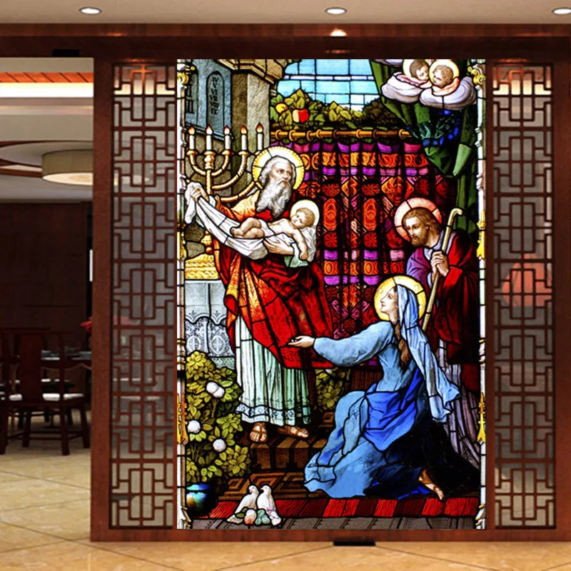 Custom size Stained Glass Window Film Jesus Virgin Mary,Home decor Frosted foil door stickers ,Church poster