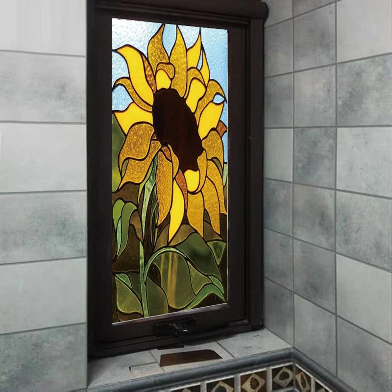 Custom Size Stained Glass Window Film Frosted Sunflower Glass Films Home Foil Door Stickers Bathroom Static Cling Poster