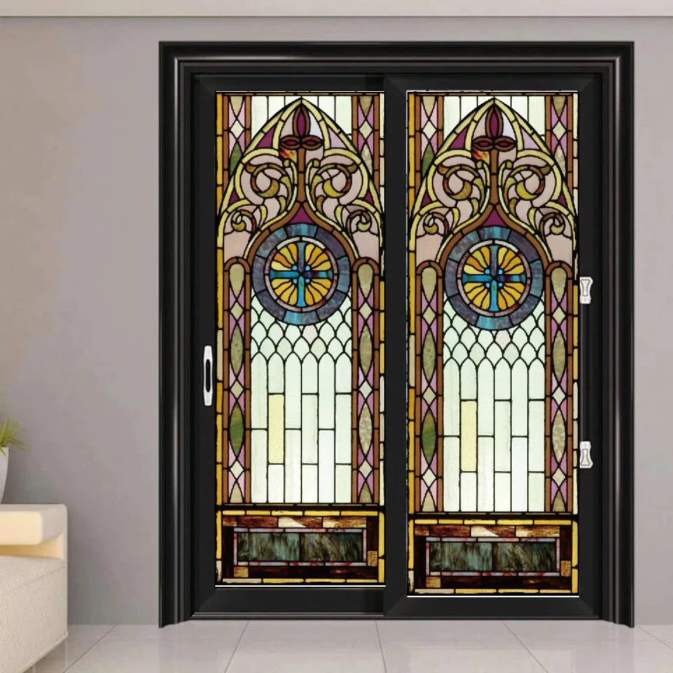 Gothic Rose Window film Glass Films Frosted Stained Fake Window with Cross Church Style Sticker can do custom size