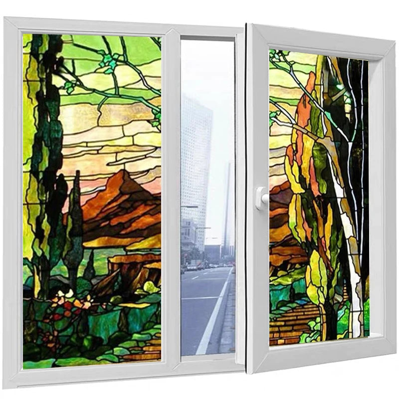 Custom Size PVC Self Adhesive Static Cling Glass Films Frosted Privacy Window Film Retro Forest Poster For Bathroom Kitchen Home