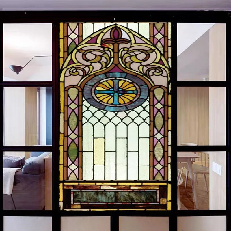 Gothic Rose Window film Glass Films Frosted Stained Fake Window with Cross Church Style Sticker can do custom size