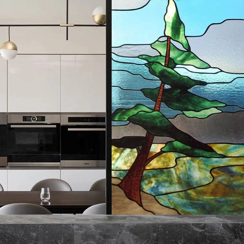 Custom Size Stained Glass Window Film Gothic Church Tree Flower Bird Sticker For Kitchen Bathroom Glass Sliding Door Home Decor