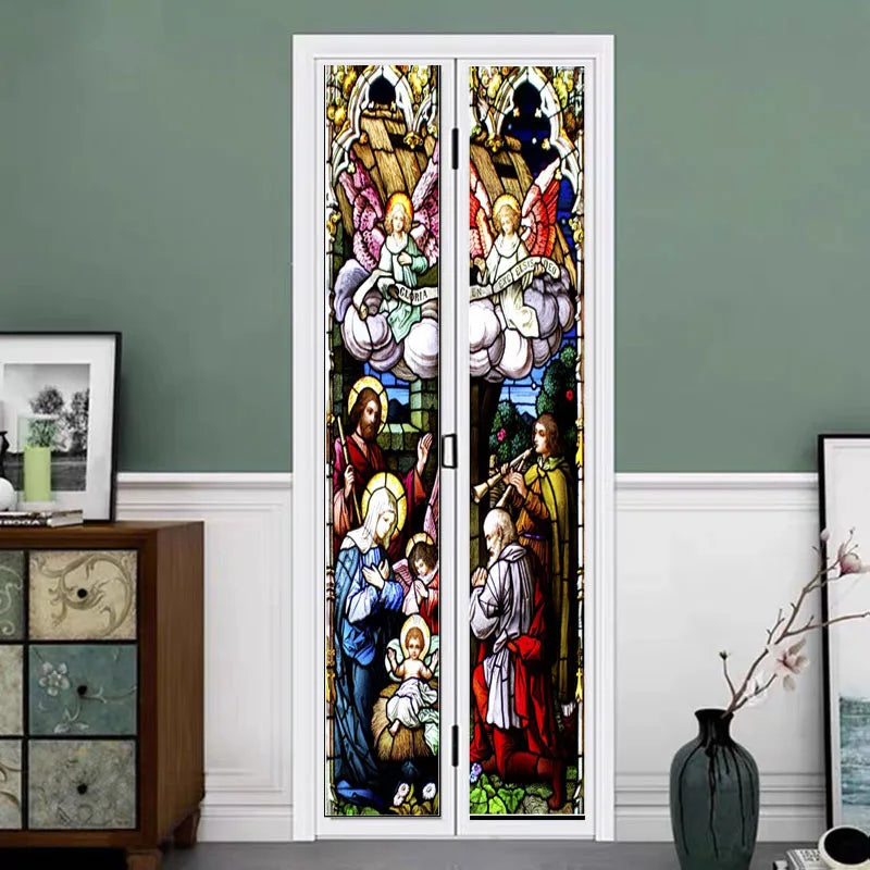 Custom Size Stained Glass Window Film Jesus Virgin Mary,Frosted Foil Stickers For Sliding Door Frendch Windows,Church Poster