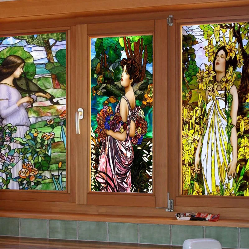 Custom Size Stained Glass Window Film Church Sticker Girl Painting For Kitchen Bathroom Bedroom Glass Sliding Door Home Decor