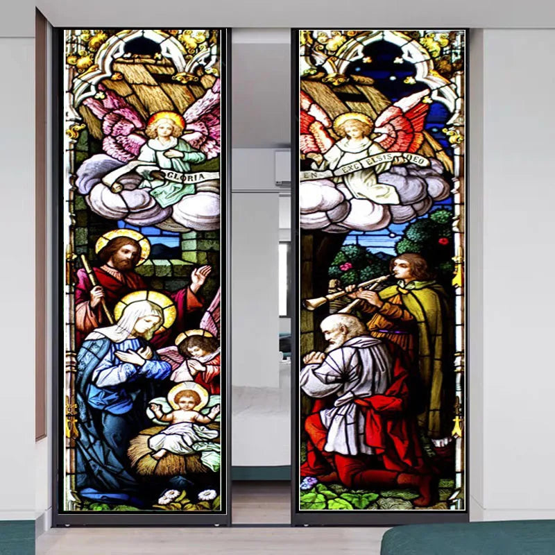 Custom Size Stained Glass Window Film Jesus Virgin Mary,Frosted Foil Stickers For Sliding Door Frendch Windows,Church Poster