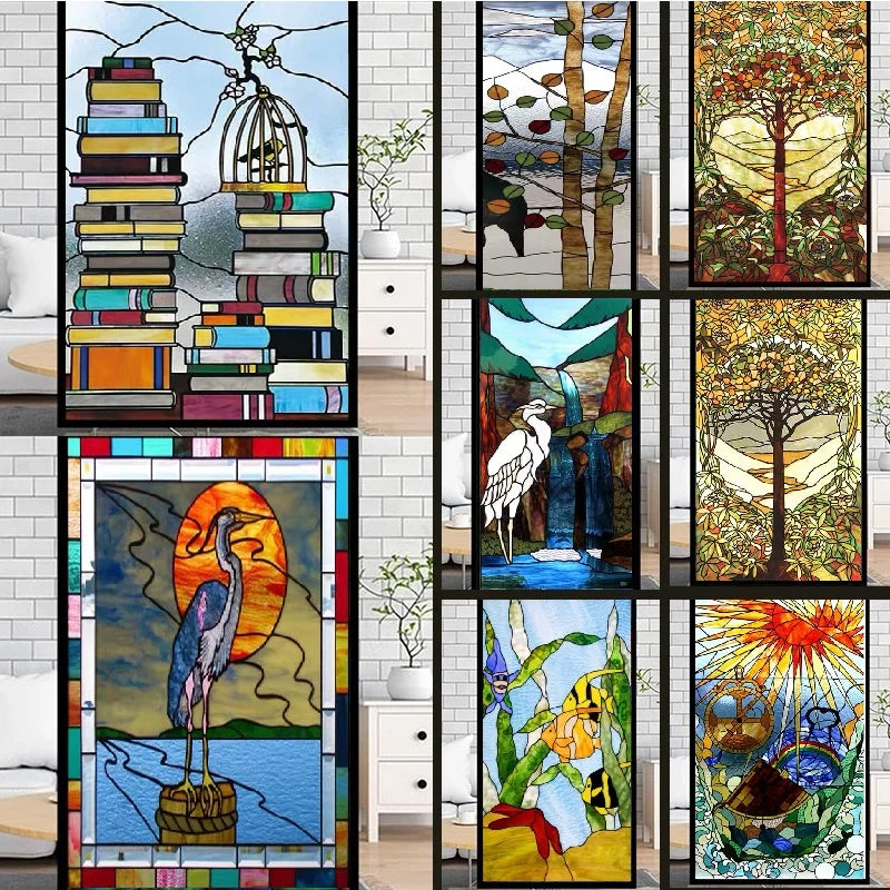 Frosted Privacy Window Film Stained Glass Film Retro European Church Style Colorful Window Stickers Shower Bathroom Glass Film