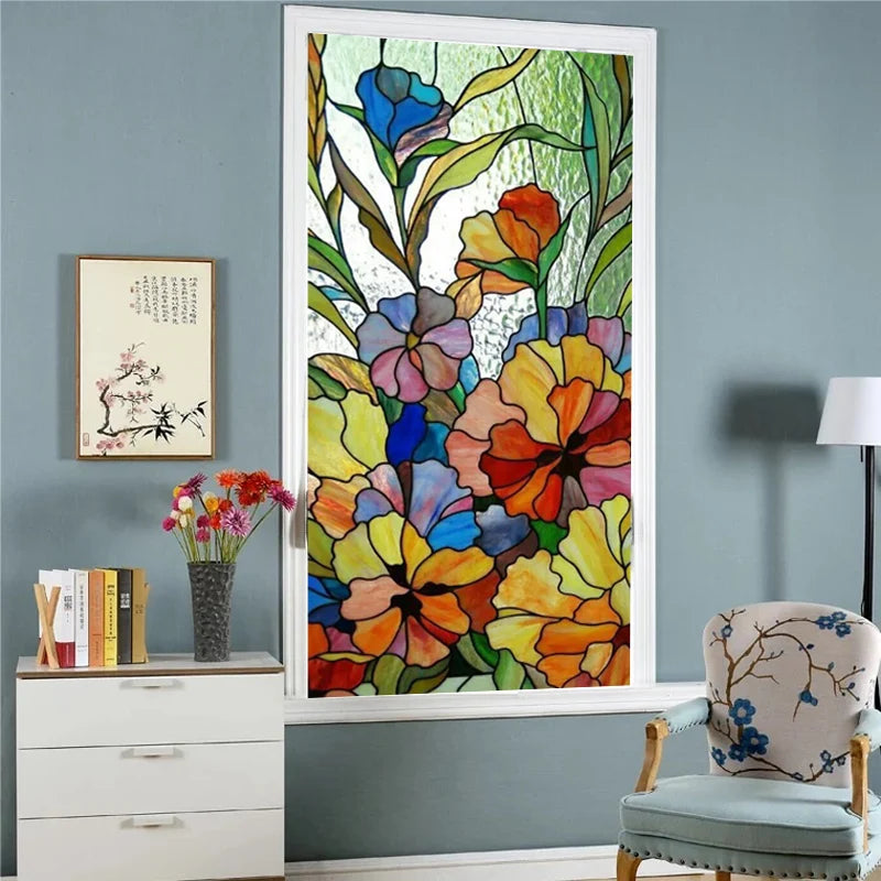 Custom Size Stained Glass Window Film Gothic Church Tree Flower Bird Sticker For Kitchen Bathroom Glass Sliding Door Home Decor