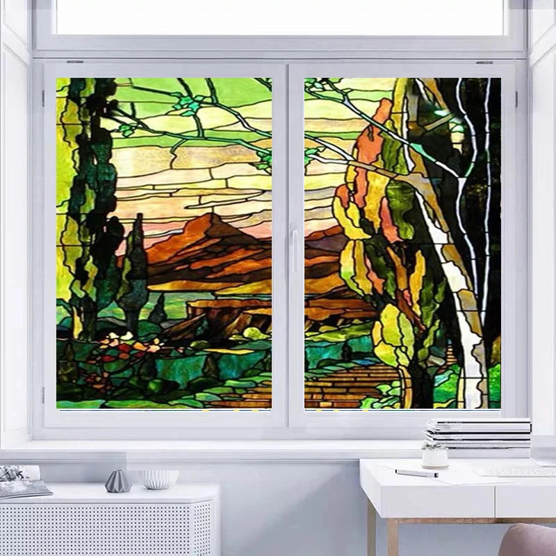 Custom Size PVC Self Adhesive Static Cling Glass Films Frosted Privacy Window Film Retro Forest Poster For Bathroom Kitchen Home