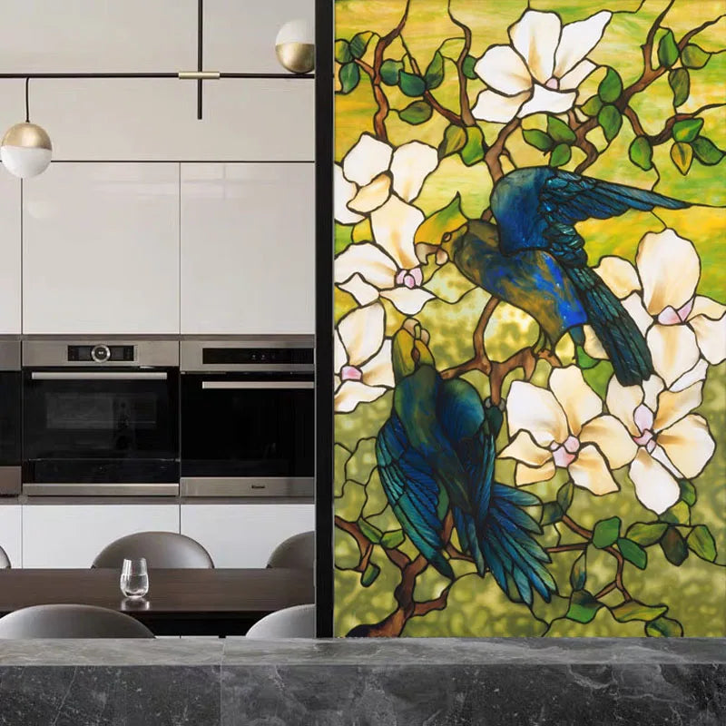 European Vintage Stained Glass Film, Window Films, Opaque Static Cling, Privacy, Custom Size Stickers, Hibiscus Parrots