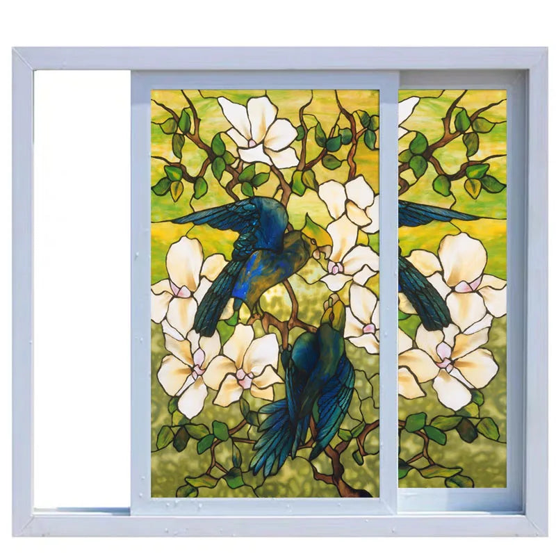 European Vintage Stained Glass Film, Window Films, Opaque Static Cling, Privacy, Custom Size Stickers, Hibiscus Parrots