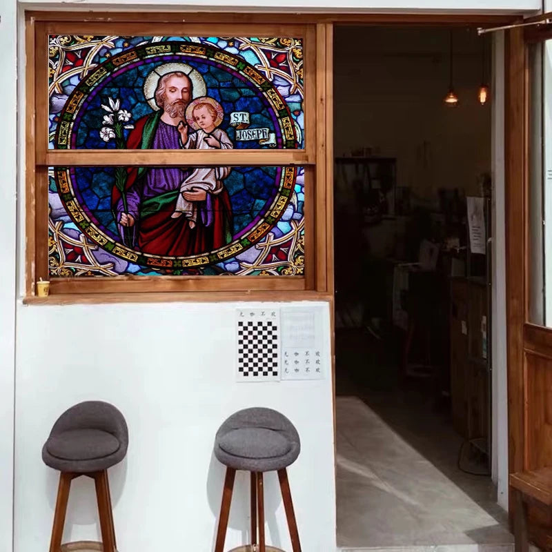 Custom Frosted Stained Glass Window Film,PVC Self-Adhesive Window Films,Retro Church Jesus Decor Foil Stickers Window Treatment