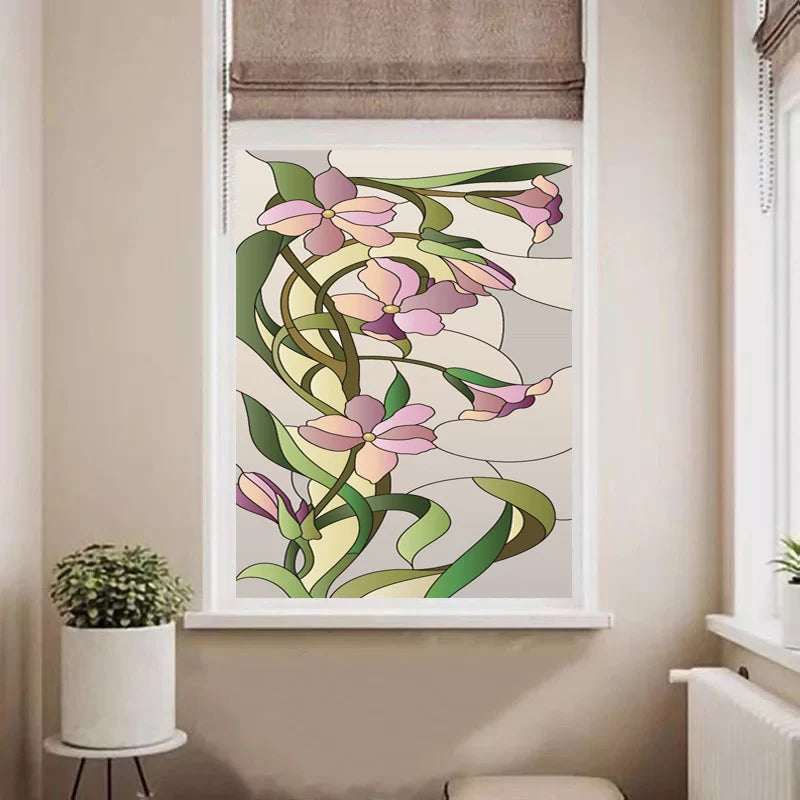 Custom size Window Films Stained Glass Window With Purple Floral Pattern Frosted Static Cling Heat-Control Privacy Home Decor