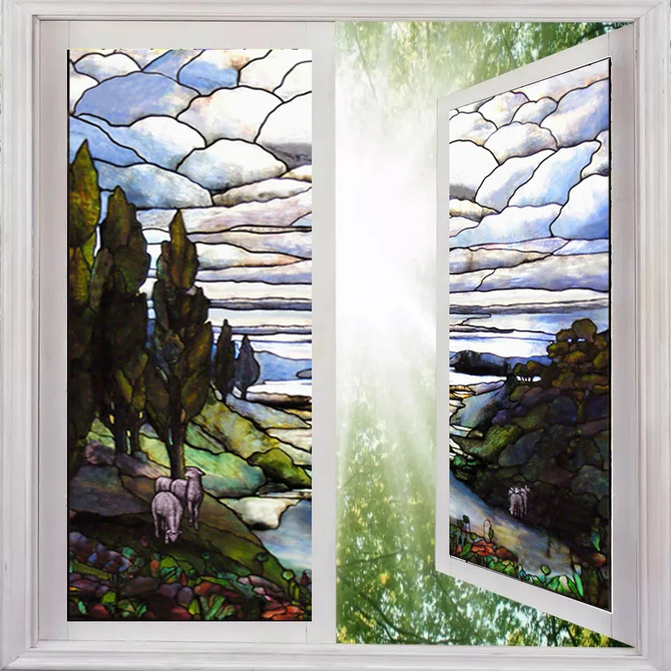 Landscape painting Glass Films Stained Window Film Opaque Sticker Self Adhesive/Static Cling For Square Window do Custom Size