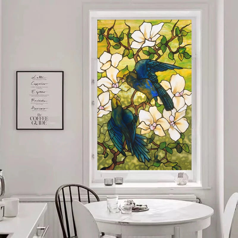 European Vintage Stained Glass Film, Window Films, Opaque Static Cling, Privacy, Custom Size Stickers, Hibiscus Parrots