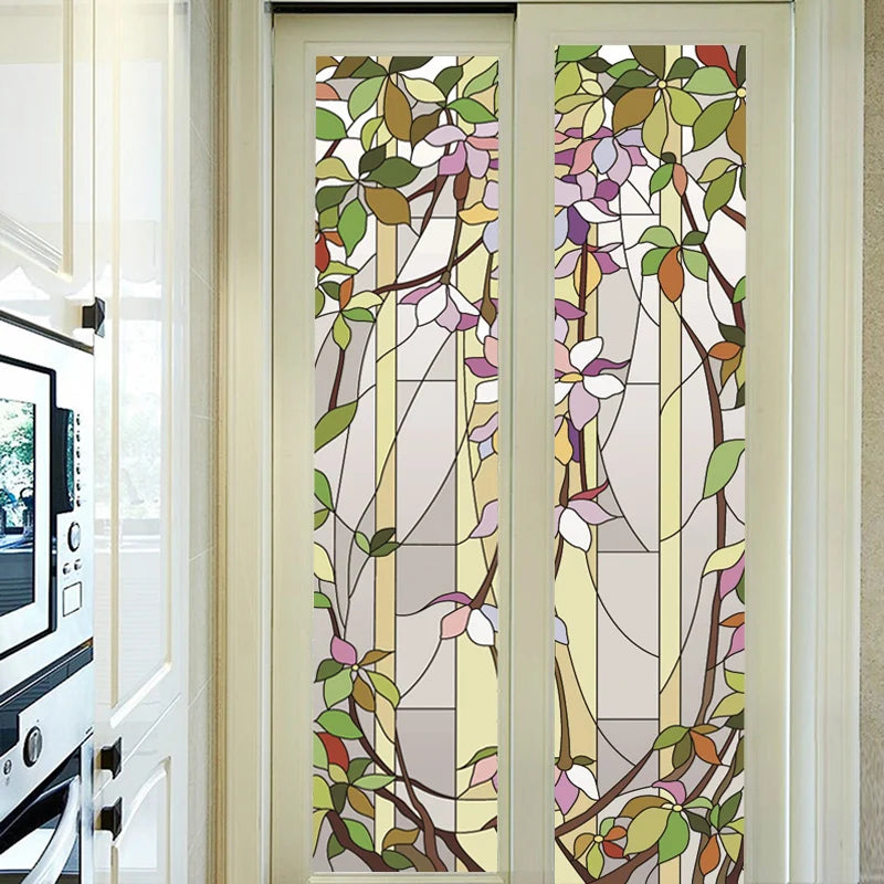 Custom size Window Films Stained Glass Window With Purple Floral Pattern Frosted Static Cling Heat-Control Privacy Home Decor