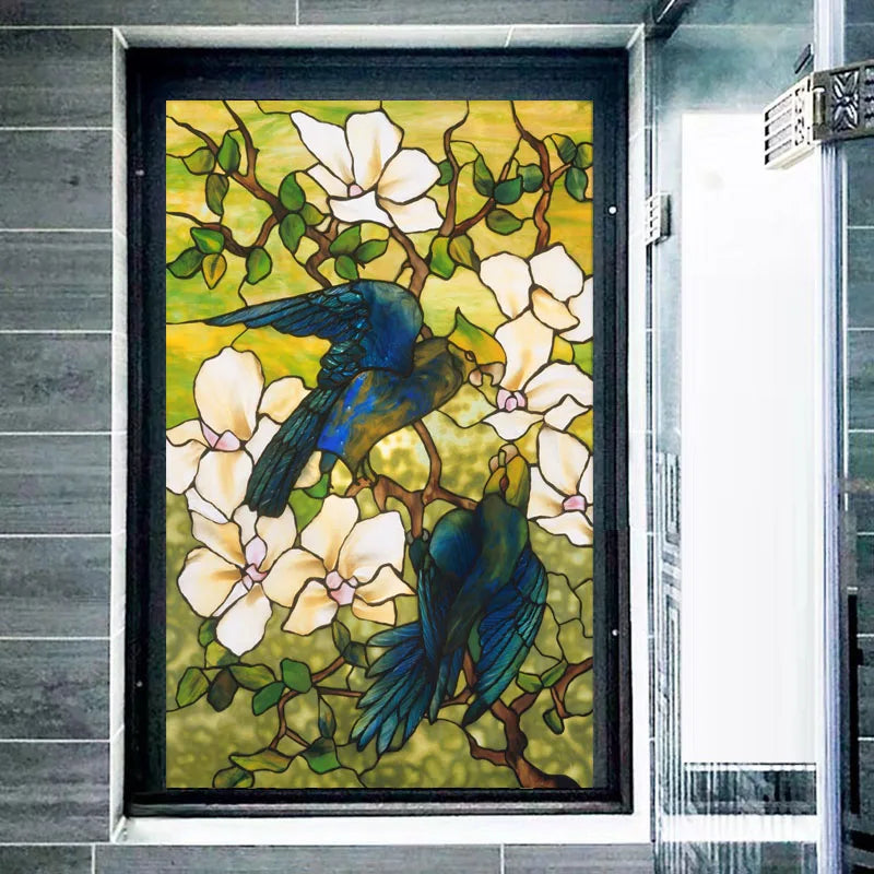 European Vintage Stained Glass Film, Window Films, Opaque Static Cling, Privacy, Custom Size Stickers, Hibiscus Parrots