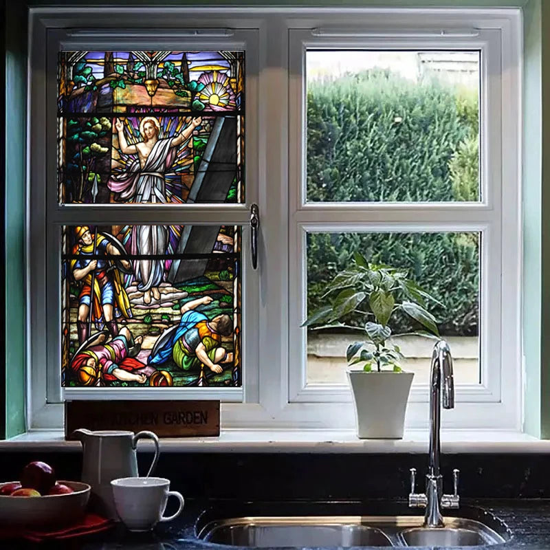 Custom size self adhesive or static cling decorative frosted privacy window film glass film stickers Jesus Christ