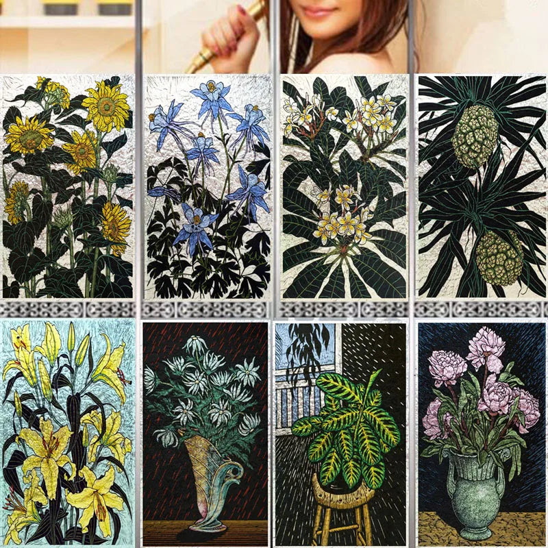 Stained Glass Window Film 3D Frosted Privacy Static Cling Door Stickers Plant Florl Custom Size For Bathroom Office Home Decor