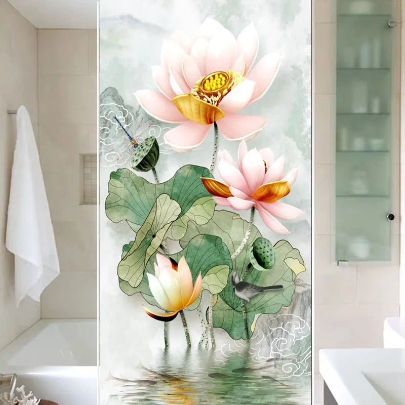 Customized Size Windows Stained Glass Films Door Stickers Wall sticker Art Opaque Satic Cling Lotus Poster Home Decor