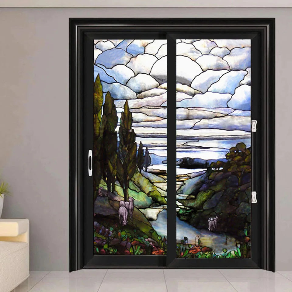 Landscape painting Glass Films Stained Window Film Opaque Sticker Self Adhesive/Static Cling For Square Window do Custom Size