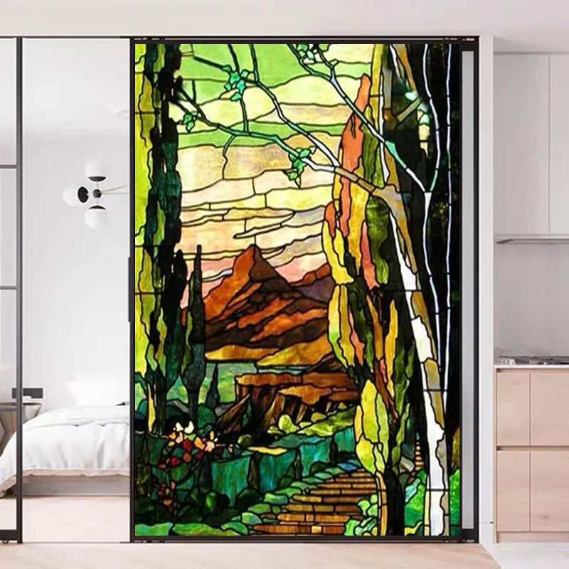 Custom Size PVC Self Adhesive Static Cling Glass Films Frosted Privacy Window Film Retro Forest Poster For Bathroom Kitchen Home