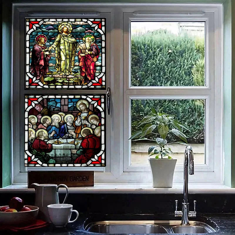 Custom Stained Glass Window Film,PVC Self-Adhesive Window Films,Retro Church Jesus Home Decor Foil Stickers Window treatment