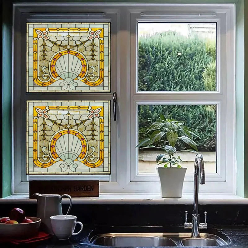 Custom Size Stained Glass Films Electrostatic Frosted ,PVC Self-Adhesive Window Films,Retro Rose Window Stickers For Home Decor