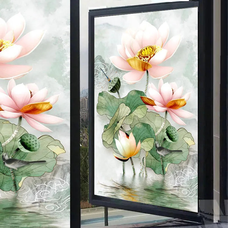 Customized Size Windows Stained Glass Films Door Stickers Wall sticker Art Opaque Satic Cling Lotus Poster Home Decor