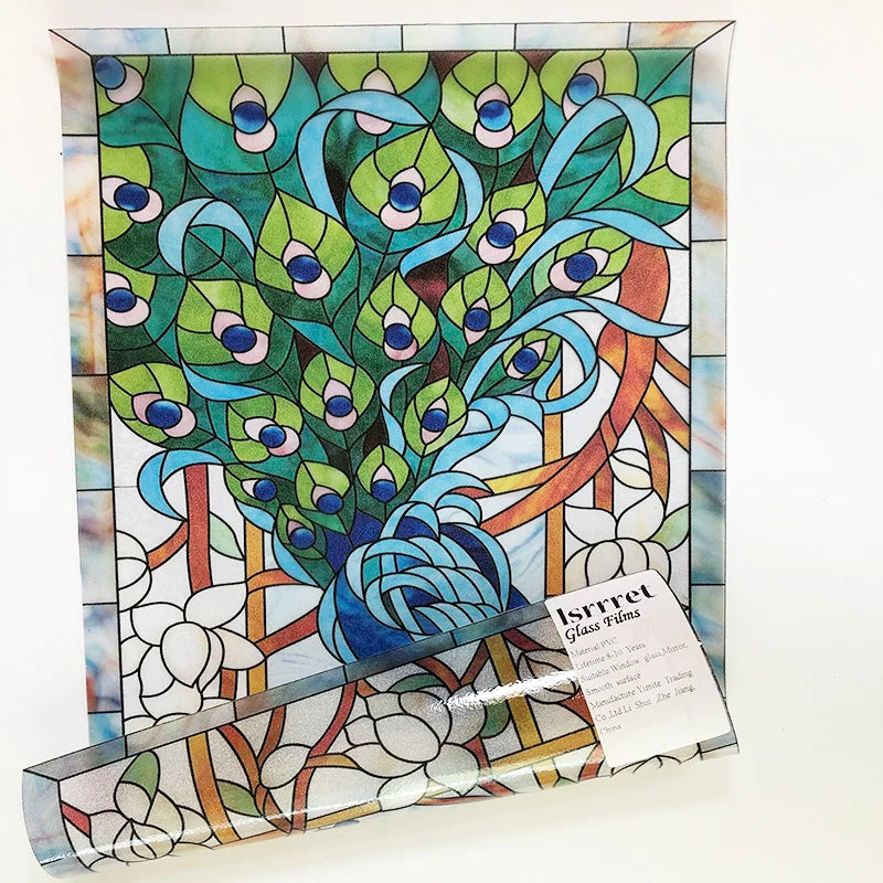 Custom Size Window Glass Films Peacock Self Adhesive Static Cling Home Decorative Frosted Privacy Stained Retro Church Glass