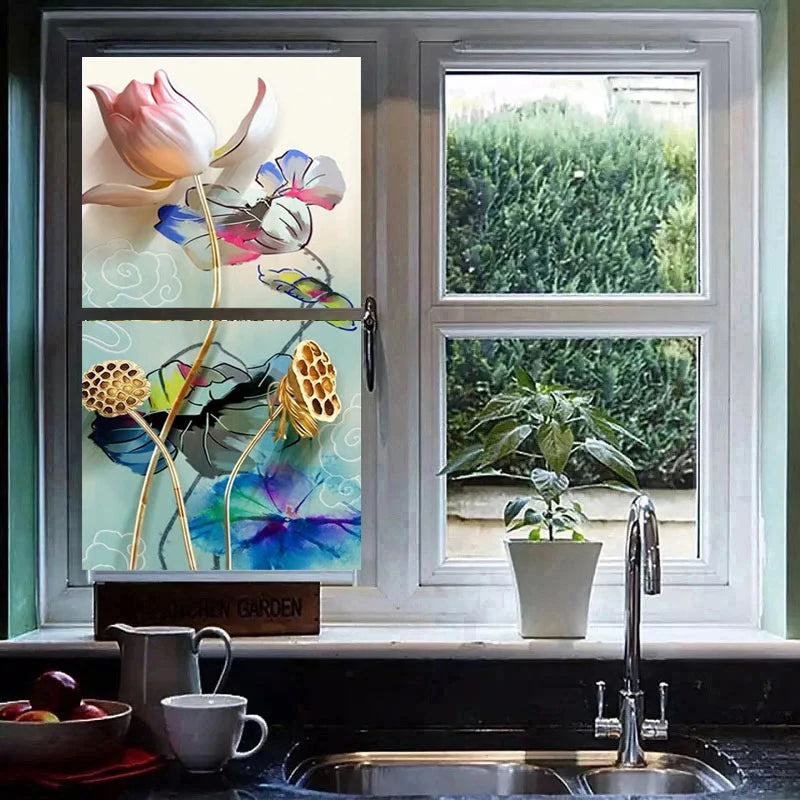 Customized size 3D Windows Glass Film Door Stickers modern sticker Art opaque Self-Adhesive OR static cling Lotus