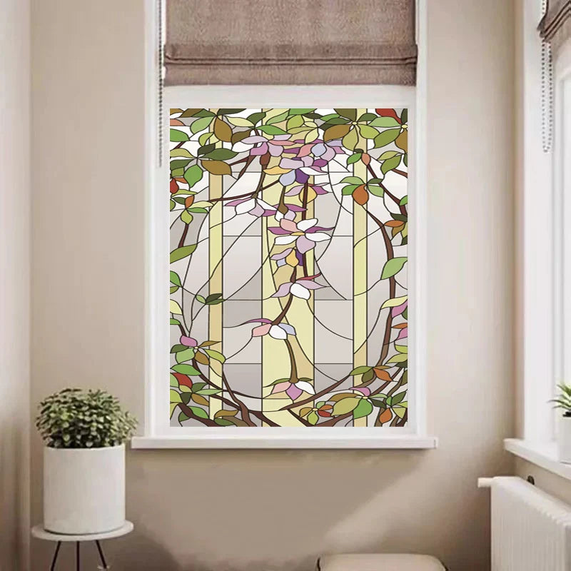 Custom size Window Films Stained Glass Window With Purple Floral Pattern Frosted Static Cling Heat-Control Privacy Home Decor