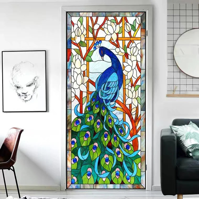 Custom Size Window Glass Films Peacock Self Adhesive Static Cling Home Decorative Frosted Privacy Stained Retro Church Glass