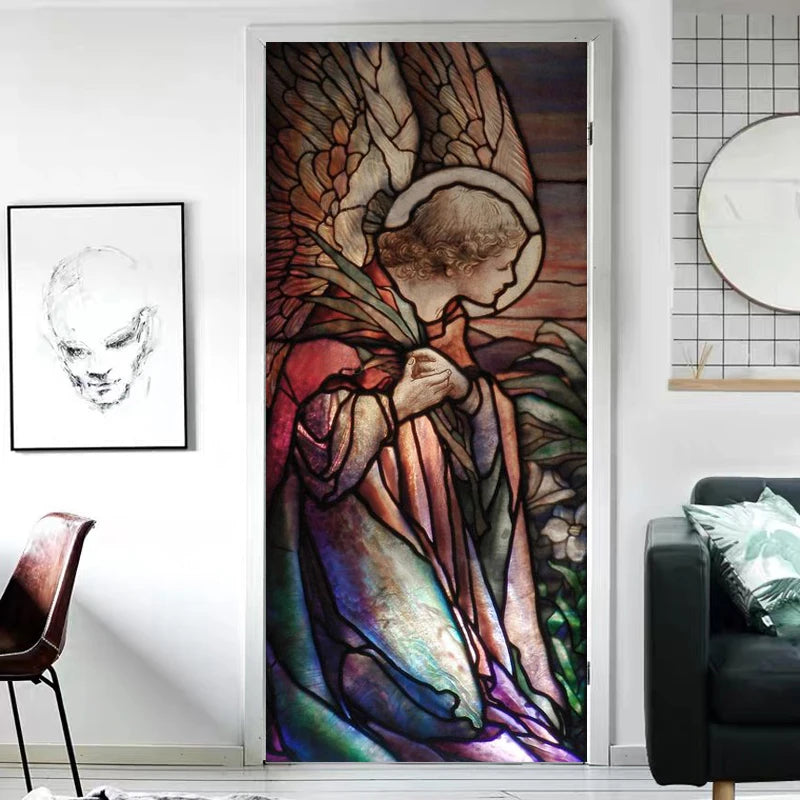 Window Film Frosted Stained Glass Films,Customized Church Angel Picture,Static Cling Remove Sticker for House Worship Home Decor