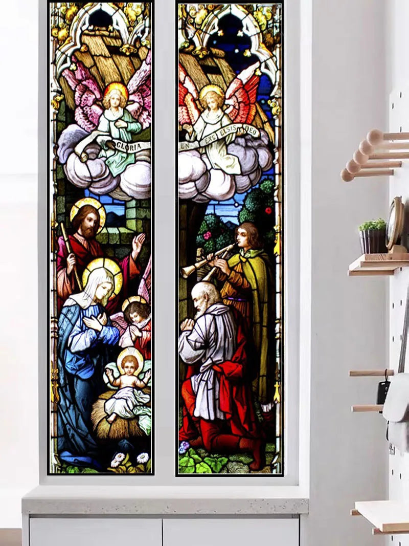 Custom Size Stained Glass Window Film Jesus Virgin Mary,Frosted Foil Stickers For Sliding Door Frendch Windows,Church Poster