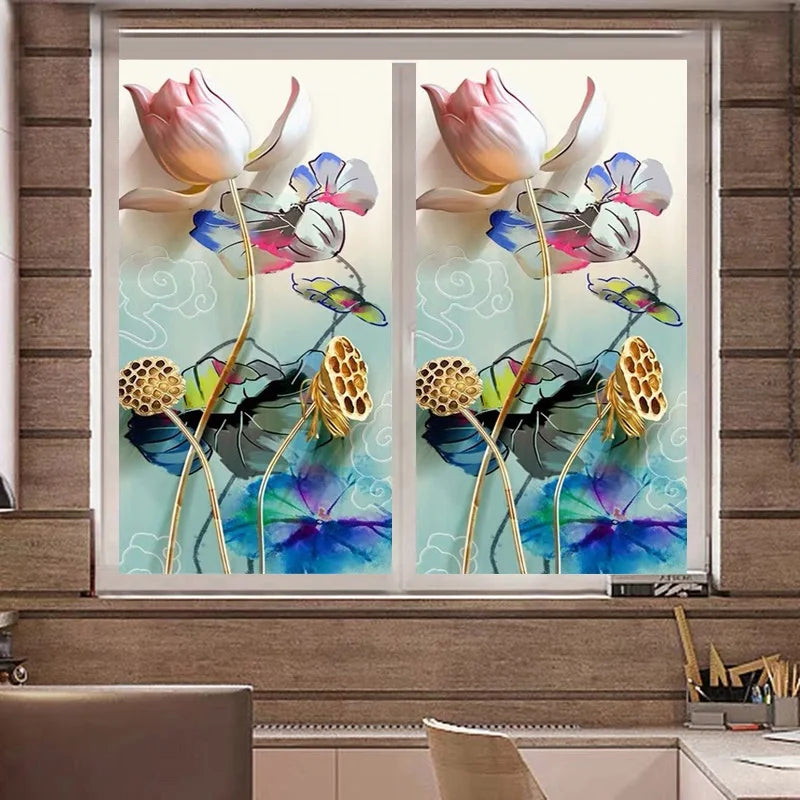 Customized size 3D Windows Glass Film Door Stickers modern sticker Art opaque Self-Adhesive OR static cling Lotus