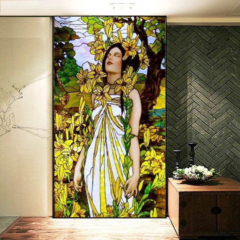Custom Size Stained Glass Window Film Church Sticker Girl Painting For Kitchen Bathroom Bedroom Glass Sliding Door Home Decor