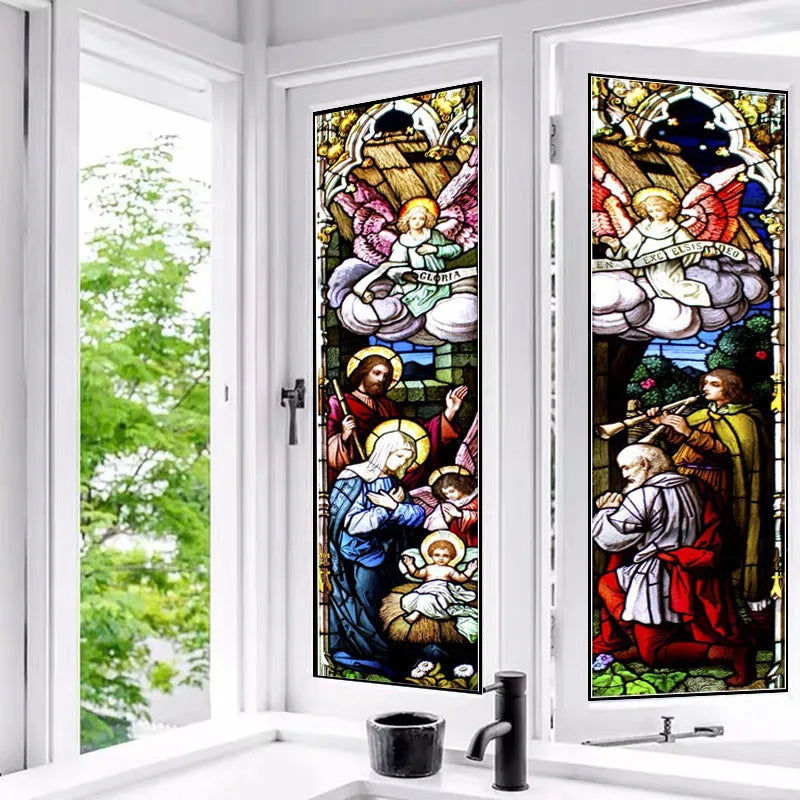 Custom Size Stained Glass Window Film Jesus Virgin Mary,Frosted Foil Stickers For Sliding Door Frendch Windows,Church Poster