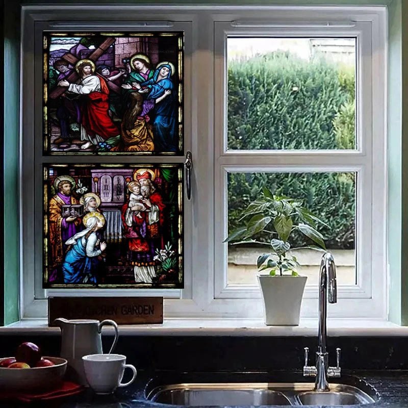 Custom Frosted Stained Glass Window Film,PVC Self-Adhesive Window Films,Retro Church Jesus Decor Foil Stickers Window Treatment