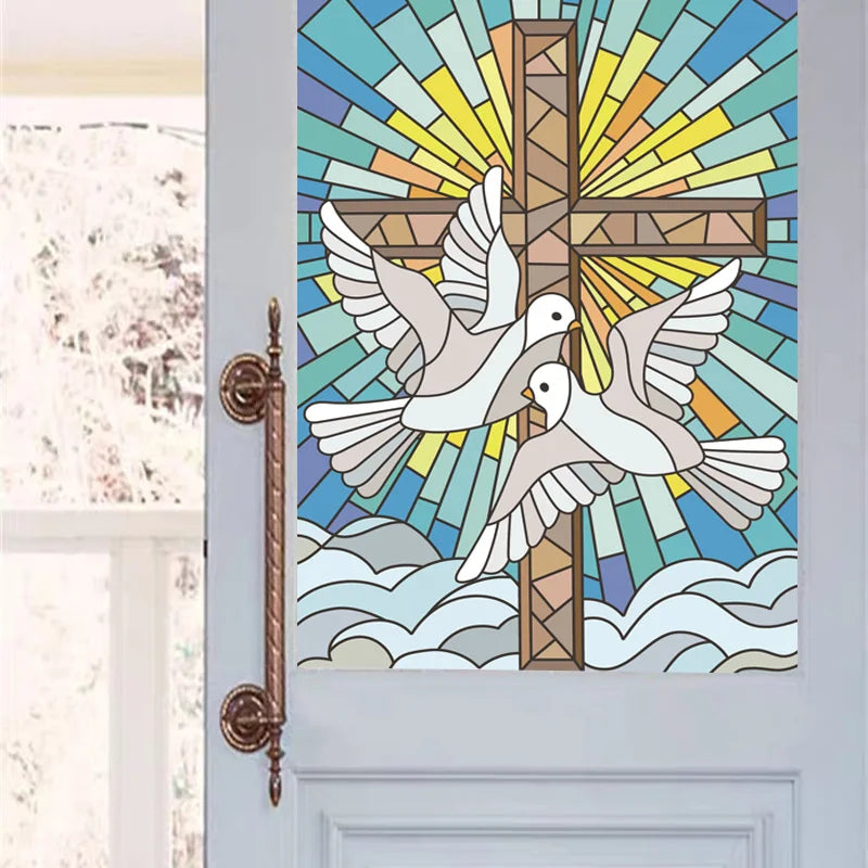 Window Film Frosted Stained Glass Films Cross Dove Lily Static Cling Church Home Decor Bathroom Kitchen Door Sticker Customized