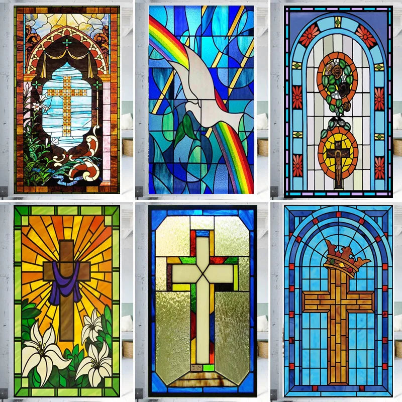 Window Film Frosted Stained Glass Films Cross Dove Lily Static Cling Church Home Decor Bathroom Kitchen Door Sticker Customized