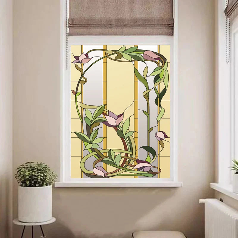 Custom size Window Films Stained Glass Window With Purple Floral Pattern Frosted Static Cling Heat-Control Privacy Home Decor