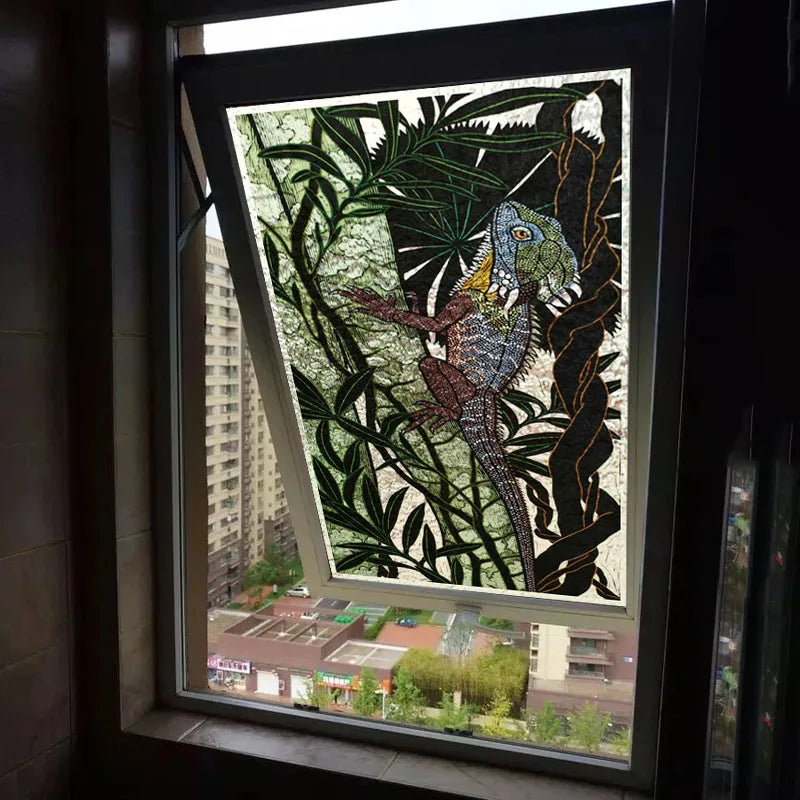 Stained Glass Window Film 3D Frosted Privacy Static Cling Door Stickers Reptile Birds Custom Size For Bathroom Office Home Decor